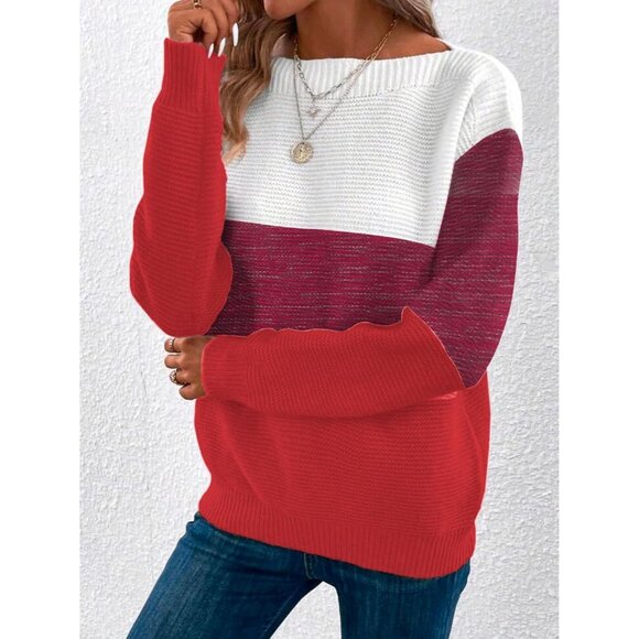 Women's Red Long Sleeve Crew Neck Color Block Fall Fashion Pullover Sweaters - Picture 3 of 5